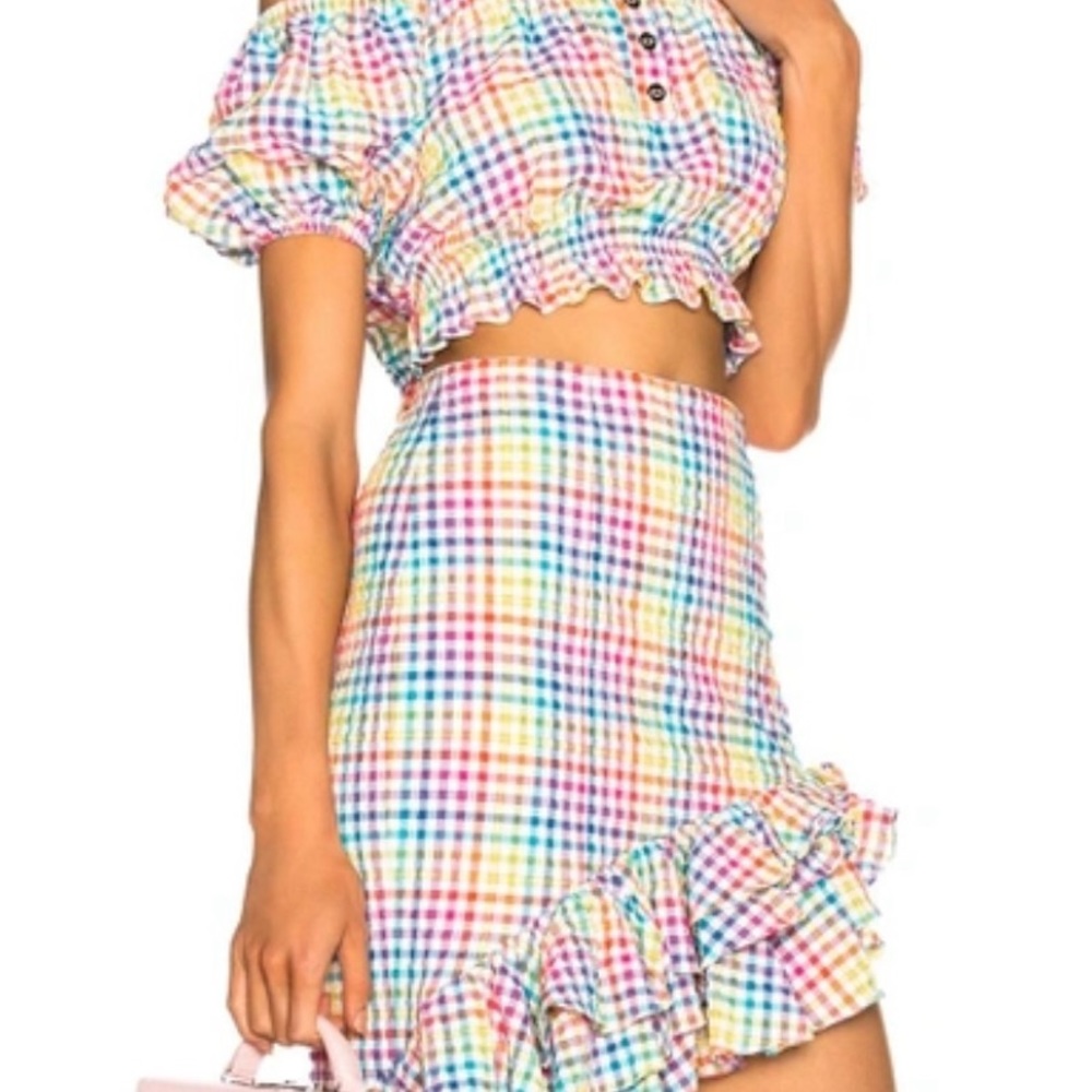 Caroline Constas Rainbow Bardot Cropped Top and Skirt
